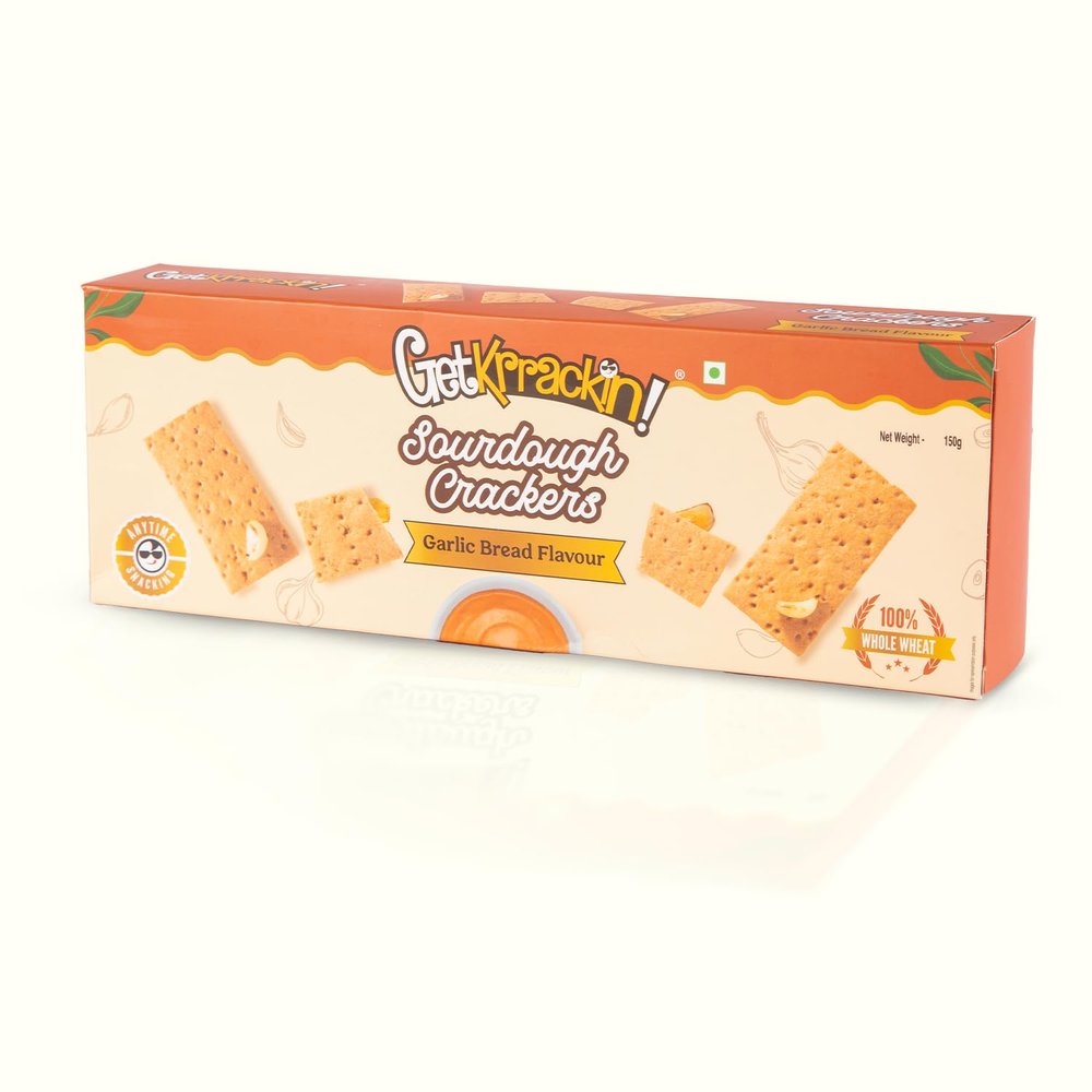 Getkrrackin! Sourdough Crackers (150g) - Garlic Bread | Whole Wheat Crunchy Biscuits | Pair With Cheese, Fruits, Nuts, Soups, & Vegetables | Flavoured Thin Crisps | Tasty Tea Time & Party Snacks