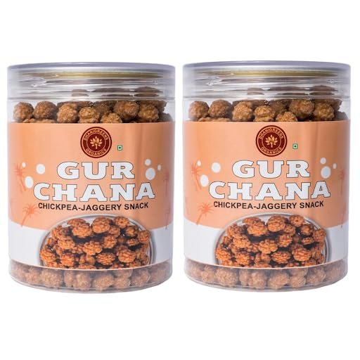 Dhanigreens Organics Gur Chana 150gm(Pack of 2), Jaggery Coated Chana | Crispy Gud Chanas, Snack Shots | Roasted Chickpeas with Natural Taste | Cholesterol & Gluten Free, Delicious & Healthy Snacks