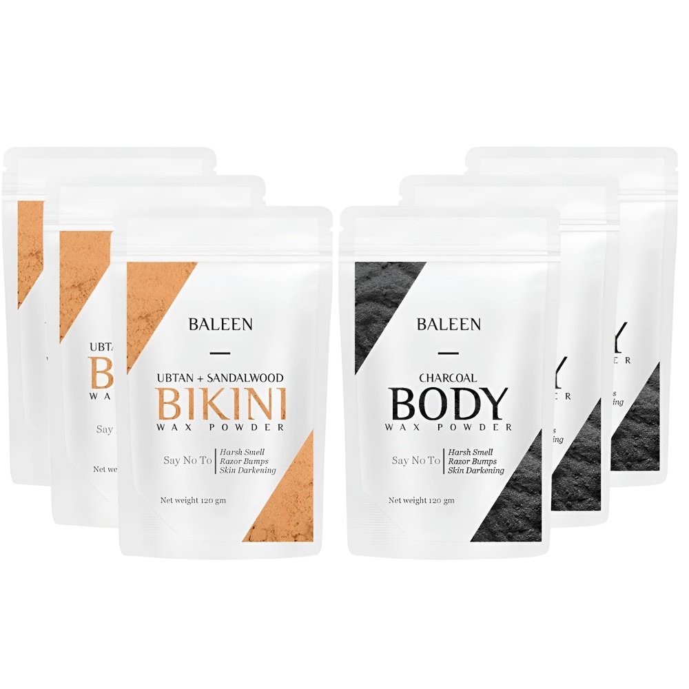 BALEEN Charcoal + Ubtan & Sandalwood for Women Bikini & Body Wax Powder 120g (Pack of 6) | Herbal & Painless Hair Removal | No Irritation or Rashes | Natural Wax Powders For Smooth Skin Wax Powder