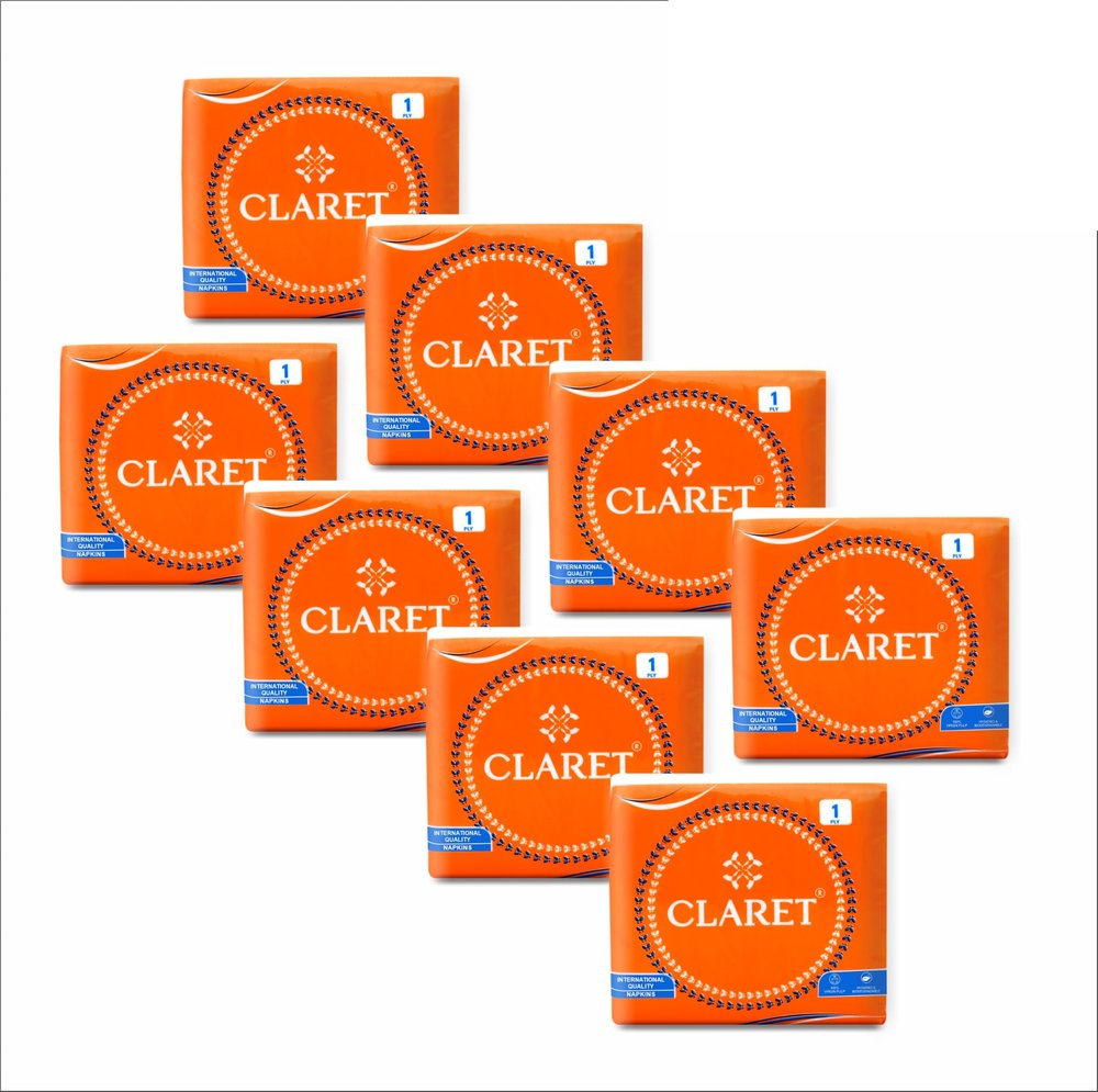Claret 1-Ply White Paper Napkins, 70 Sheets/Pack, Pack of 8, 27x30 cm - Soft, Absorbent, Disposable Tissue Paper for Kitchen, Dining, Parties, Daily Use