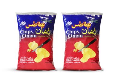 AJFAN Chilli Flavour Oman Chips | Crispy Potato Chips Snack Food | Red Chilli Aloo Chips | Spicy Flavoured Ready to Eat Chips | Crunchy Salted Potato Chips (Pouch Cover_150 GM) Pack of 2