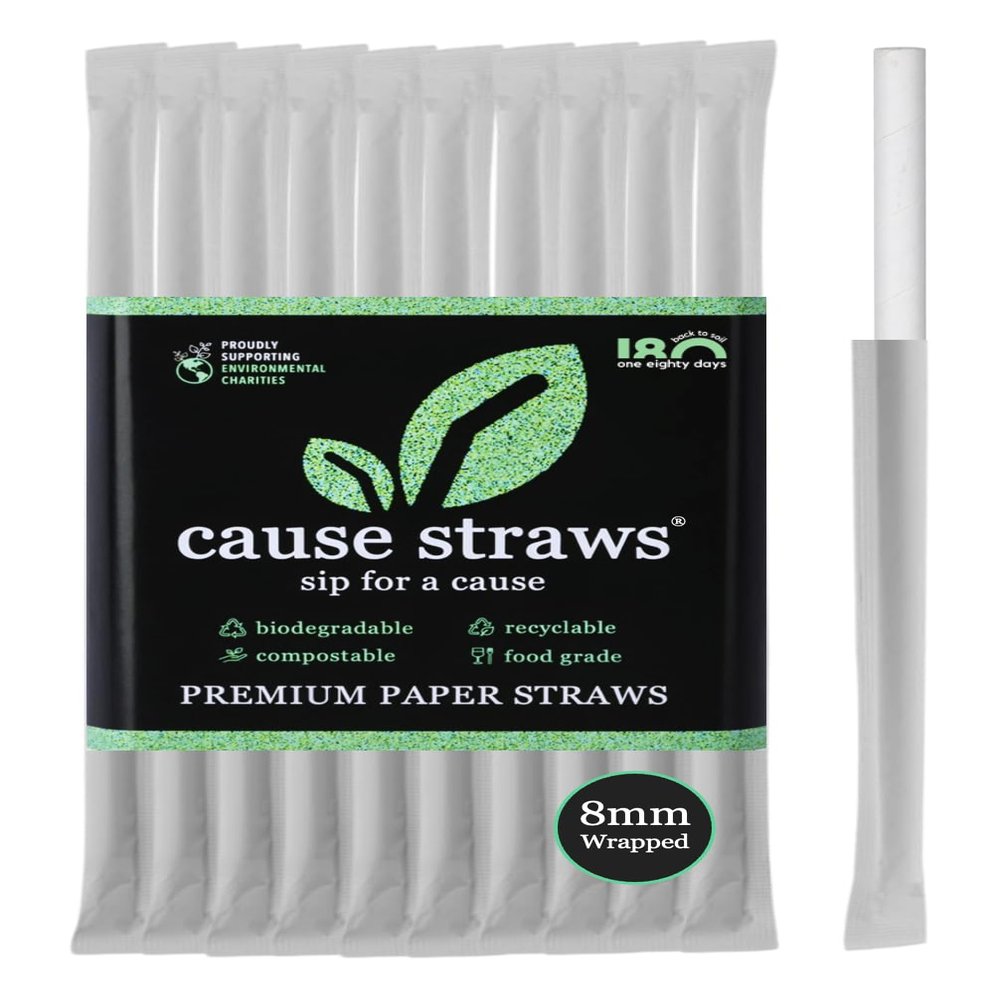 Cause Straws - Individual Wrapped Paper Straws | 50 Straws (8mm Wide) | White Colour | Best for Juice, Soft Drinks and Cocktails | Direct from Manufacturer