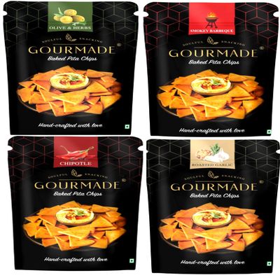 Gourmade Soulful Snacking Pita Chips Baked Pita Bread Chips Party Pack, 1000g | Smokey Barbeque, Chipotle, Roasted Garlic, Olive & Herbs (Each 125gm x 8) | Bar Party Snacks|Baked Dip Starter Chips|Nachos & Tortillas