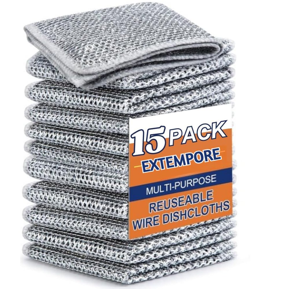 Extempore Pack 15 Multipurpose Wire Dishwashing Rags for Wet and Dry Stainless Steel Scrubber Non-Scratch Wire Dishcloth for Washing Dishes Sinks Counters Easy Rinsing Machine Washable