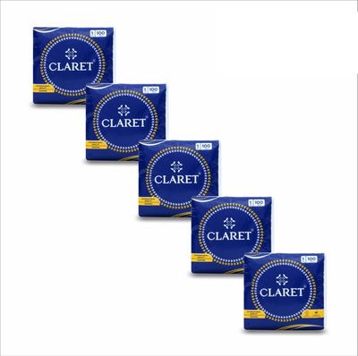 Claret Premium 1-Ply White Paper Napkins, 100 Sheets/Pack, 5 Packs, 30x30 cm - Soft, Absorbent, Durable Napkins for Dining, Kitchen, Parties and Daily Use
