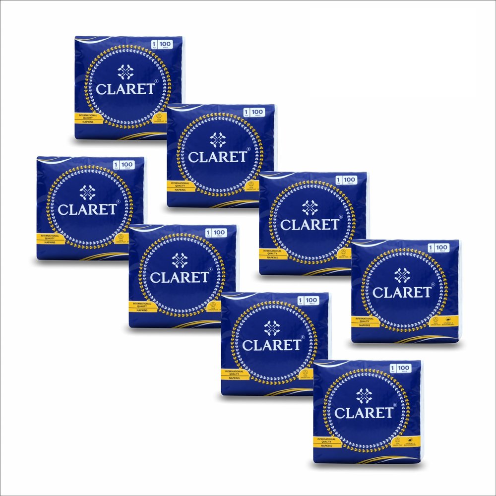 Claret Premium 1-Ply White Paper Napkins, 100 Sheets/Pack, 8 Packs, 30x30 cm Soft, Absorbent, Durable Napkins for Dining, Parties, Events and Kitchen