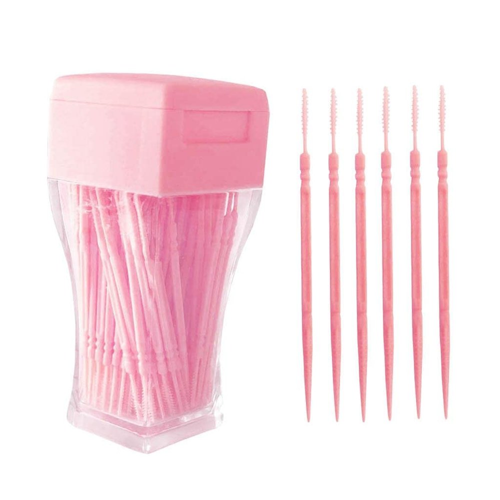 Wowobjects 200Pcs Double Head Interdental Brush Dental Floss Teeth Oral Clean Pink