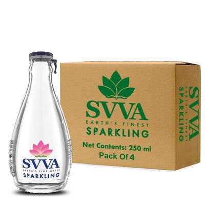 SVVA Sparkling Water 250ml (Pack of 4) | Premium Sparkling Water Bottle | Sugar Free Drinks | Zero Calorie Drink | Carbonated Water | Proudly Made in India | Premium Glass Bottle