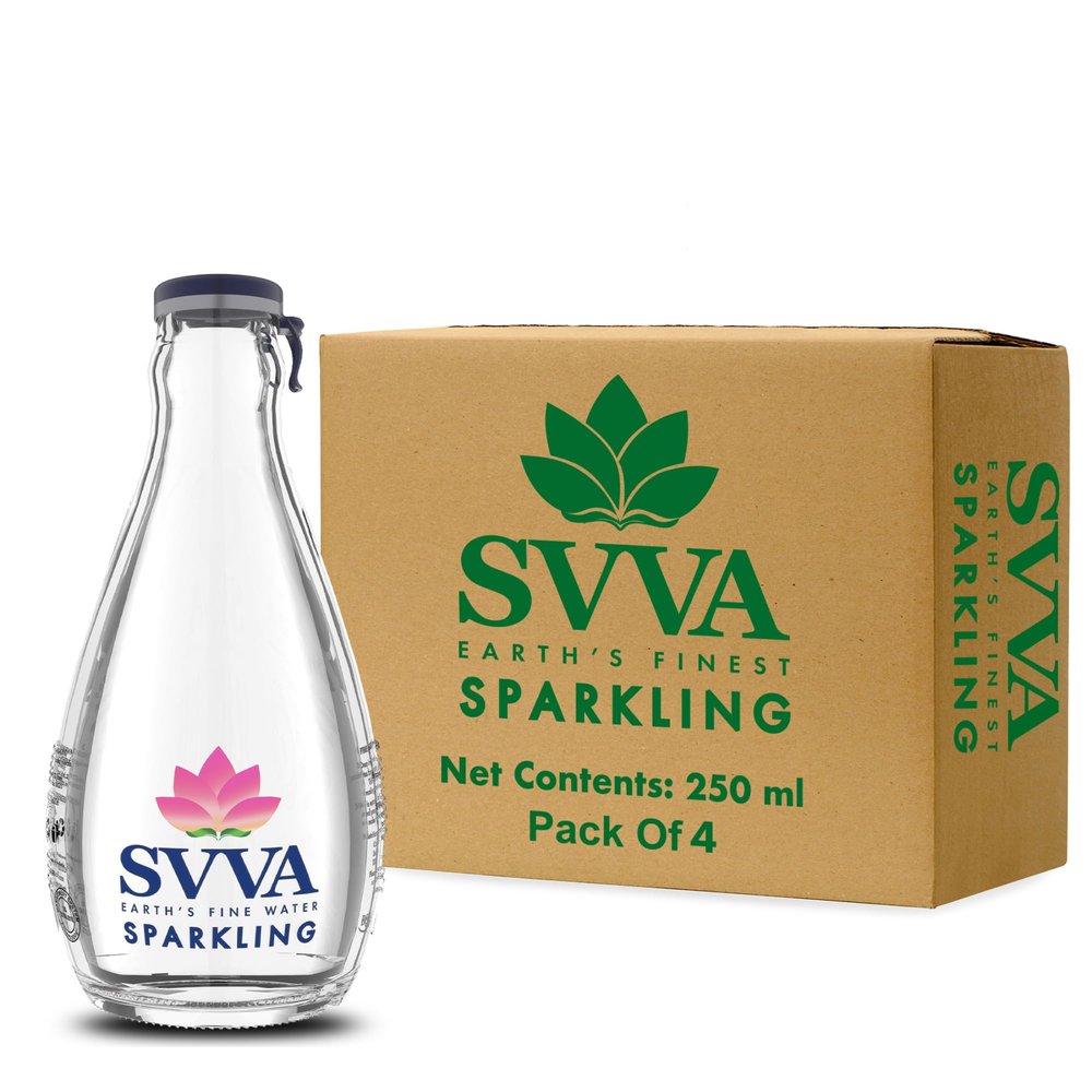 SVVA Sparkling Water 250ml (Pack of 4) | Premium Sparkling Water Bottle | Sugar Free Drinks | Zero Calorie Drink | Carbonated Water | Proudly Made in India | Premium Glass Bottle