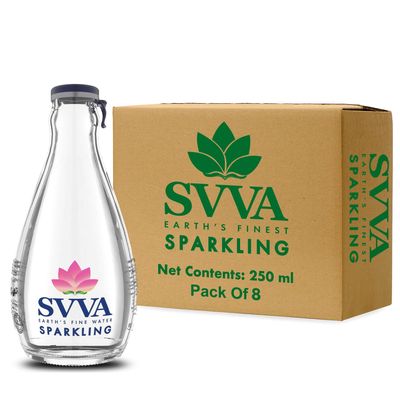 SVVA Sparkling Water 250ml (Pack of 8) | Premium Sparkling Water Bottle | Sugar Free Drinks | Zero Calorie Drink | Carbonated Water | Proudly Made in India | Premium Glass Bottle