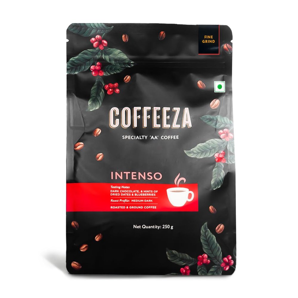 COFFEEZA Ground Coffee - Fine Grind - Intenso - Pack of 4 (250g Each) - Medium-Dark Roast 100% Arabica Ground Coffee Powder