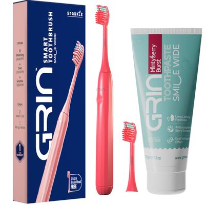 GRIN Natural Oral Care Toothpaste Teeth Whitening SLS Free Toothpaste for Adult and Kids with Electric Toothbrush for Adults with 2 Brush Heads & Carry Case | 3 Cleaning Modes, Sonic Technology (100 Gram, Mintesberry + Miami Coral Toothbrush)