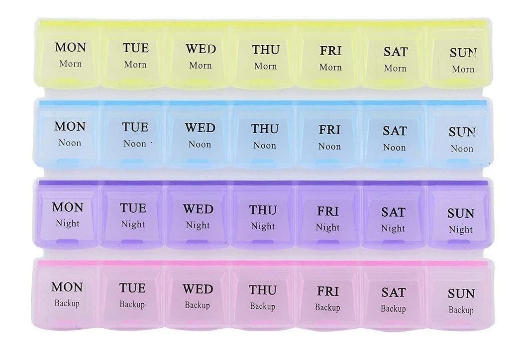 BEYOND BASIC Pill Box 7 Day Weekly Medicine Organizer | Daily Planner Portable Travel Container Holder for Vitamin | 28 Days or 4 Week Tablet or Medicine Box | Pill Organizer 4 Times A Day