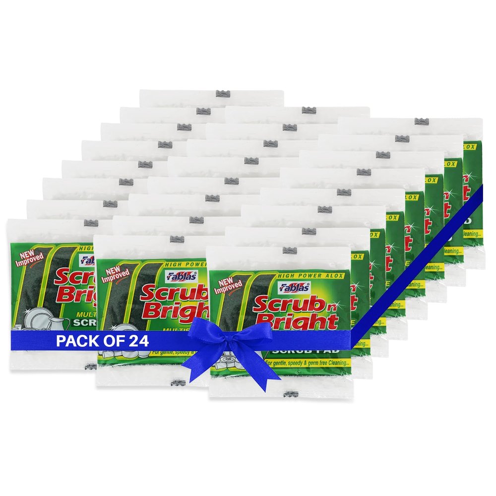 Fablas Scrub N Bright Nylon Scrub Pad (Pack of 24) - 7.5cm x 10cm, Durable Anti-Grease Technology, Removes Stubborn Stains, Long-Lasting & Cost-Effective for Tough Cleaning
