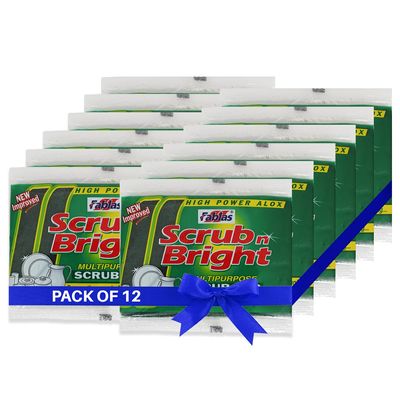 Fablas Scrub N Bright Nylon Scrub Pad (Pack of 12) - 10cm x 15cm, Durable Anti-Grease Technology, Removes Stubborn Stains, Long-Lasting & Cost-Effective for Tough Cleaning