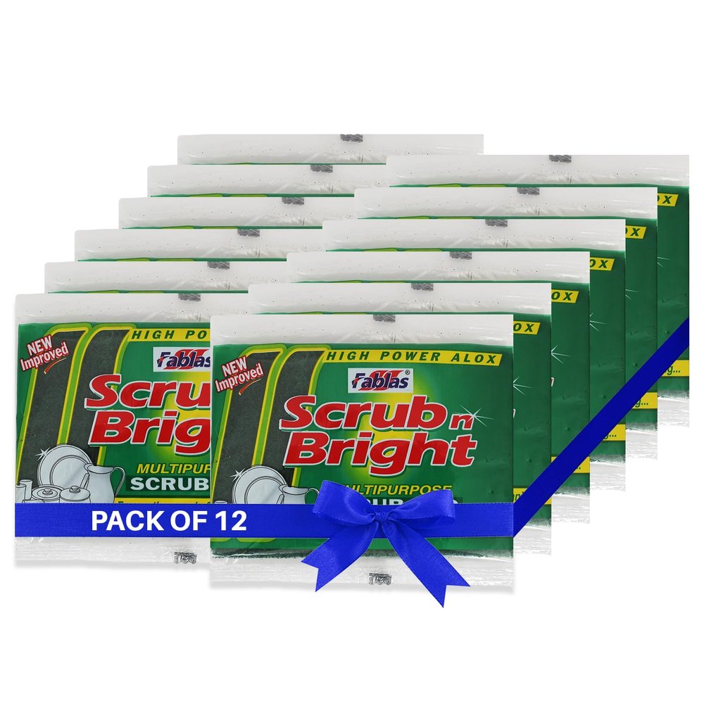 Fablas Scrub N Bright Nylon Scrub Pad (Pack of 12) - 10cm x 15cm, Durable Anti-Grease Technology, Removes Stubborn Stains, Long-Lasting & Cost-Effective for Tough Cleaning