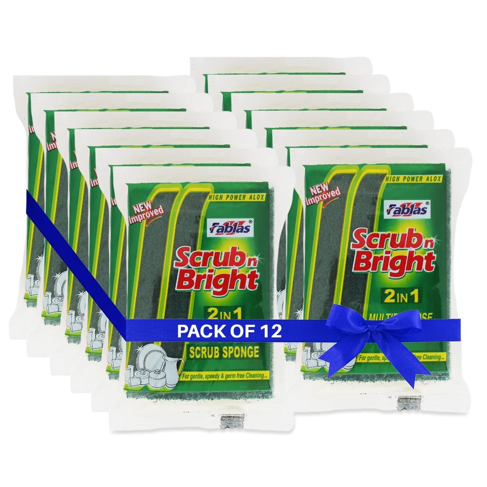 Fablas Scrub N Bright Nylon Scrub Pad (Pack of 12) - 7cm x 10cm, Durable Anti-Grease Technology, Removes Stubborn Stains, Long-Lasting & Cost-Effective for Tough Cleaning