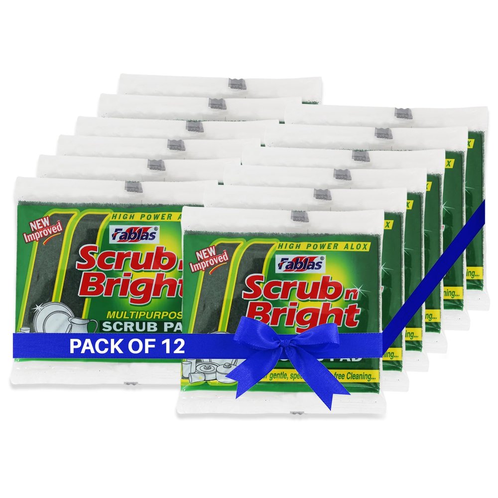 Fablas Scrub N Bright Nylon Scrub Pad (Pack of 12) - 10cm x 12.5cm, Durable Anti-Grease Technology, Removes Stubborn Stains, Long-Lasting & Cost-Effective for Tough Cleaning