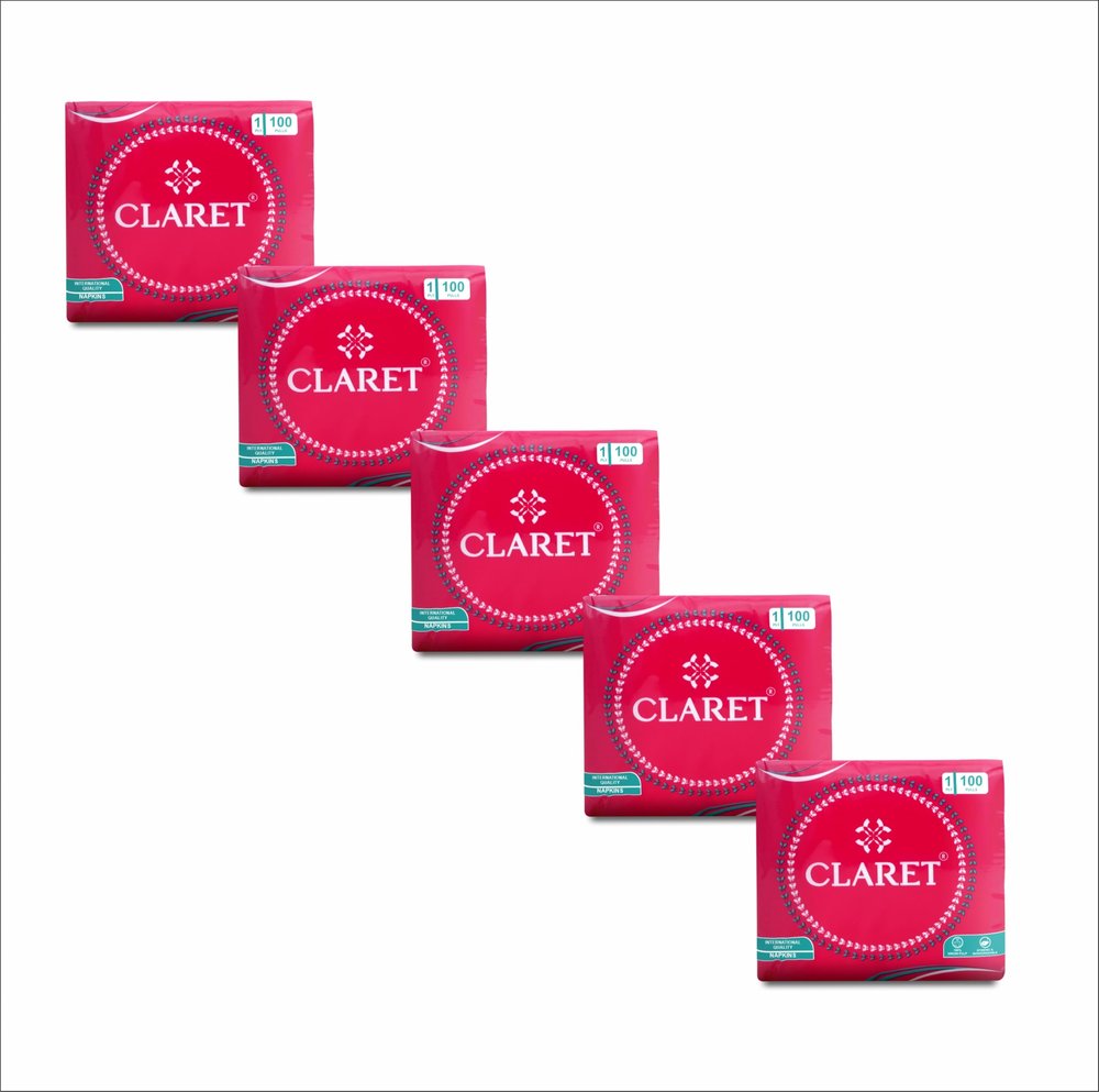 Claret 1-Ply White Napkins, Soft & Absorbent, 100 Sheets/Pack, 5 Packs, 27x30 cm Ideal for Kitchen, Parties, Events, Dining, Disposable Tissue Paper