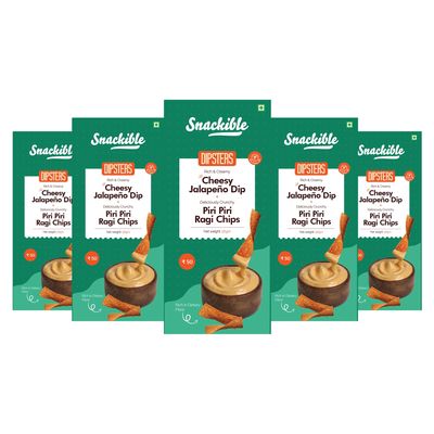 Snackible Cheesy Jalapeo Dip with Piri Piri Ragi Chips 56gm (Pack of 3) | Healthy Snack | High Fibre | Creamy Cheesy Dip | Made with Millets | Chip & Dip Combo