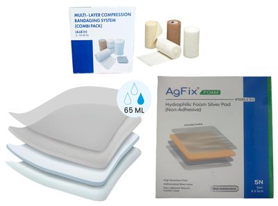 4-LB Multi-Layer Compression Bandaging System (Combi Pack) + Foam Silver Wound Dressing, AGFIX Dyna Size : 5x5cm, pack of 5
