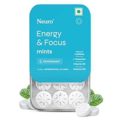 Neuro Energy & Focus Mints - Peppermint | Quick Energy Boost & Enhanced Focus | Natural Caffeine + 60 mg L-Theanine + Vitamin B6 & B12 | No Added Sugar | Aspartame Free | 60 Mints