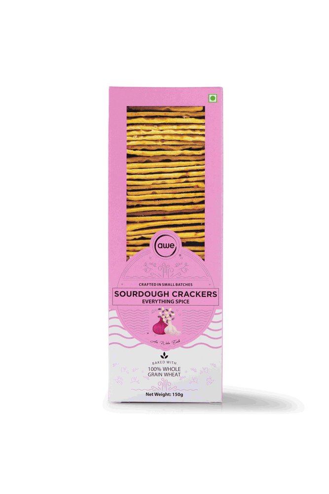Awe Foods | Whole Wheat Sourdough Crackers | Everything Spice | Savoury Crunch with Sesame, Poppy, Onion & Garlic | Healthy Snack | 150g