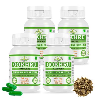 Morsan Nutraveda Gokhru (Tribulus Terrestris, Gokharu) Extract Capsule - 60 Veg. Capsules x 500 mg. | Supports Vitality, Strength & Urinary Health | 100% Herbal & High Potency (4 Packs of 60 Capsules)