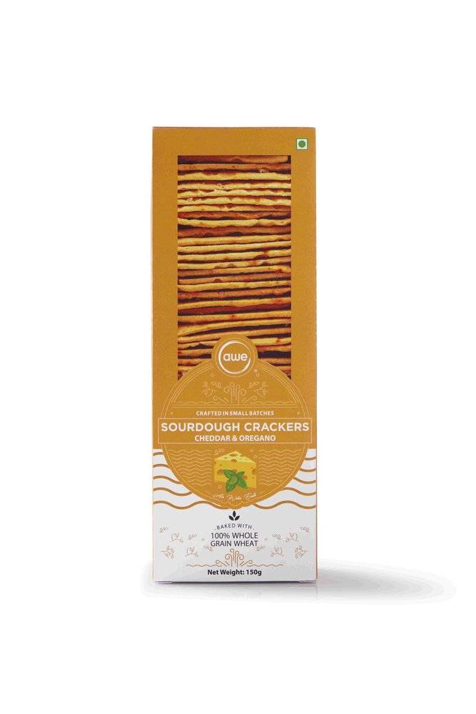 Awe Foods | Whole Wheat Sourdough Crackers | Cheddar & Oregano | Healthy Cheese Crackers | Party Snack | 150g