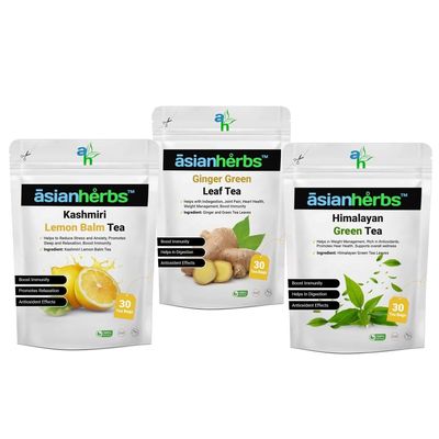 Asian Herbs Herbal Tea Combo - 3 in 1 Combo of Ginger Green Tea 30 Tea Bags, Kashmiri Lemon Balm 30 Tea Bags, Himalayan Green Tea 30 Tea Bags | Enhance Wellness, Detox & Vitality