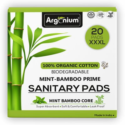 Argonium Biodegradable Bamboo Prime Sanitary Pad/Napkin | Pack of 20 | XXXL | 320 MM | Bamboo Core | Safe on Skin For Women | Toxic & Rash-Free | Extra Large| 60% Wider Back | Leakproof |Heavy Flow