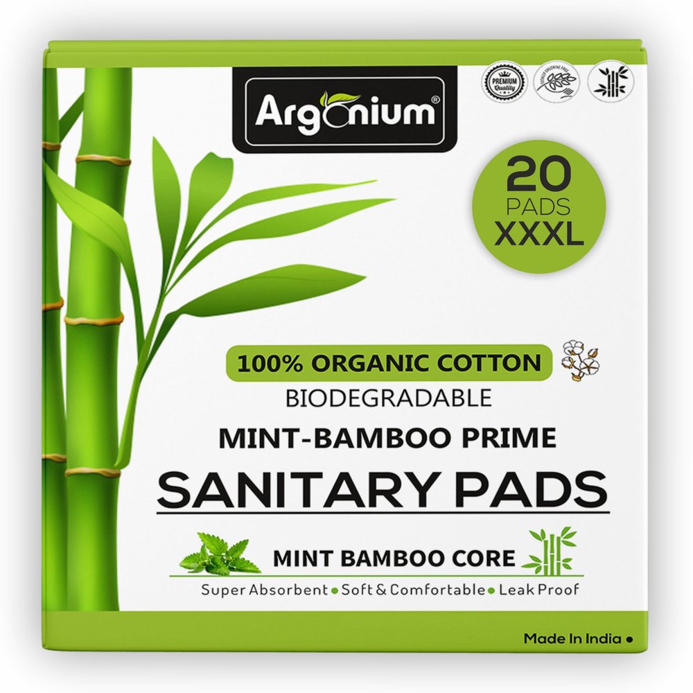 Argonium Biodegradable Bamboo Prime Sanitary Pad/Napkin | Pack of 20 | XXXL | 320 MM | Bamboo Core | Safe on Skin For Women | Toxic & Rash-Free | Extra Large| 60% Wider Back | Leakproof |Heavy Flow