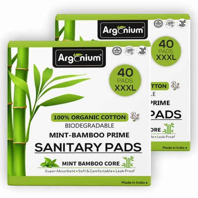 Argonium Biodegradable Bamboo Prime Sanitary Pad/Napkin | Pack of 40 | XXXL | 320 MM | Bamboo Core | Safe on Skin For Women | Toxic & Rash-Free | Unscented | 60% Wider Back | Leakproof |Heavy Flow
