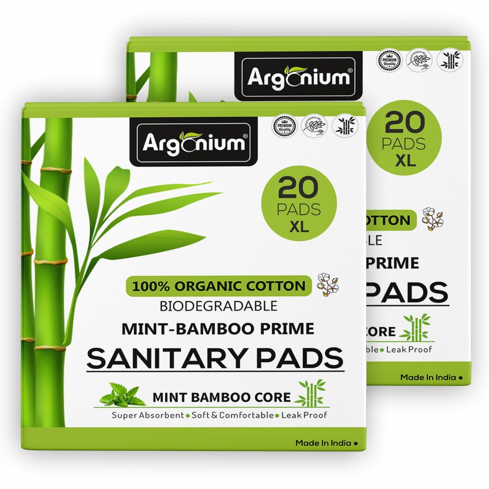 Argonium Biodegradable Bamboo Prime Sanitary Pad/Napkin | Pack Of 40 | XL-290 MM | Bamboo Core | Safe on Skin For Women | Toxic & Rash-Free | Unscented | 60% Wider Back | Leakproof | Heavy Flow