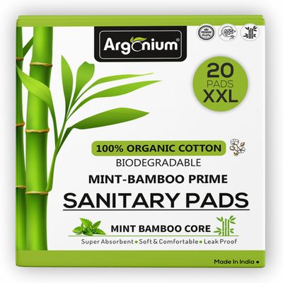Argonium Biodegradable Bamboo Prime Sanitary Pad/Napkin | Pack of 20 | XXL-280 MM | Bamboo Core | Safe on Skin For Women | Toxic & Rash-Free | Extra Large| 60% Wider Back | Leakproof | Medium Flow