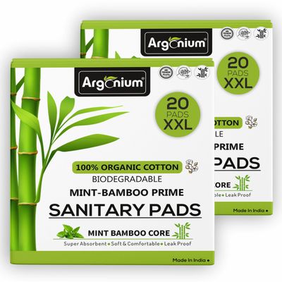 Argonium Biodegradable Bamboo Prime Sanitary Pad/Napkin | Pack of 40 | XXL-280 MM | Bamboo Core | Safe on Skin For Women | Toxic & Rash-Free | Extra Large | 60% Wider Back | Leakproof | Heavy Flow