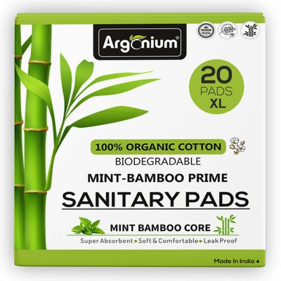 Argonium Biodegradable Bamboo Prime Sanitary Pad/Napkin | Pack Of 20 | XL-290 MM | Bamboo Core | Safe on Skin For Women | Toxic & Rash-Free | Unscented | 60% Wider Back | Leakproof | Light Flow