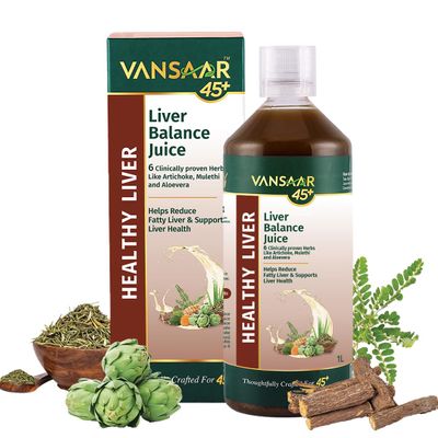 Vansaar 45+ Ayurvedic Liver Balance Juice, 1L | Supports Liver Detox, Improves Digestion & Protects Liver Health | With 6 Natural Herbs  Kalmegh, Mulethi & Bhumi Amla (1)