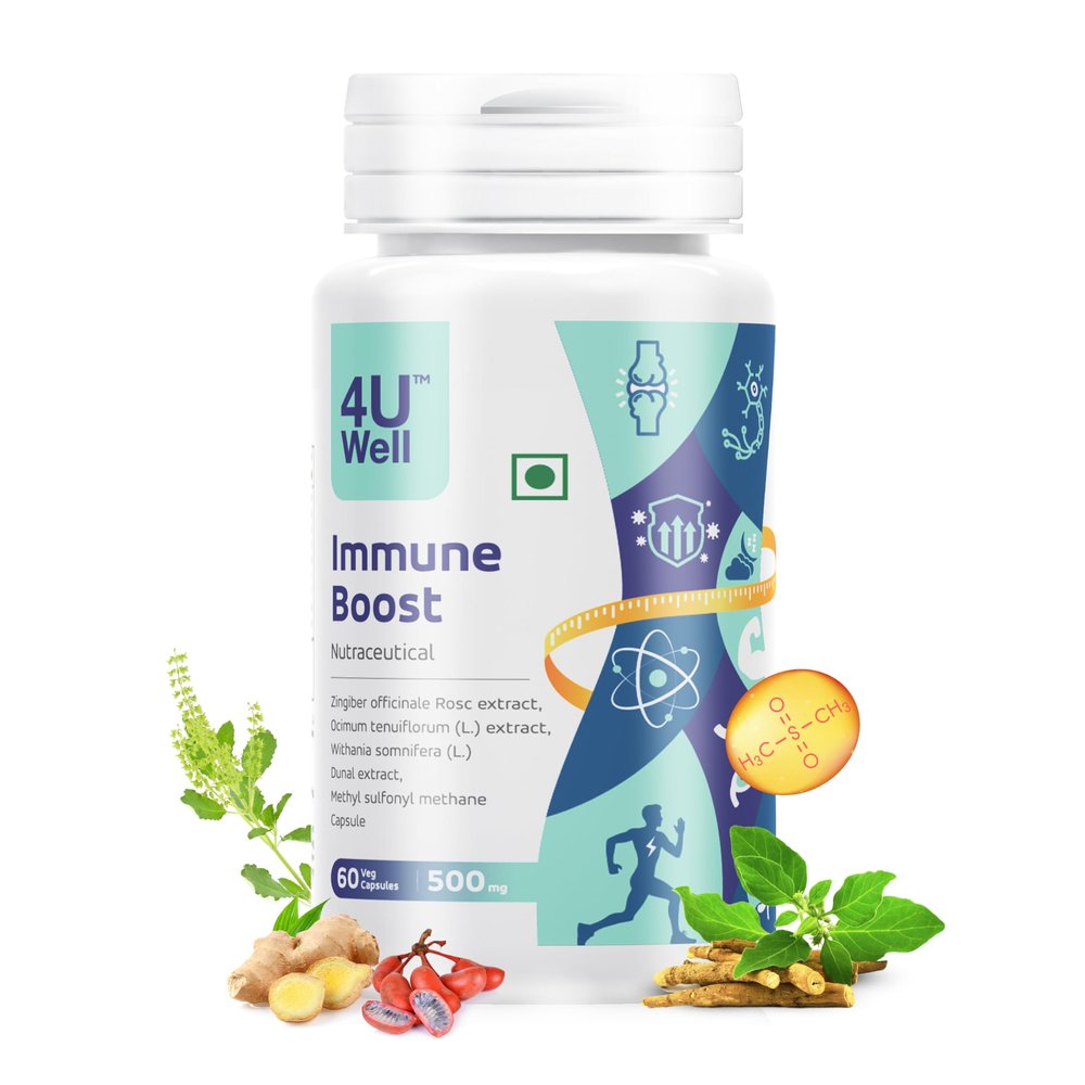 4UWell Immune Boost 500mg Capsules | Ginger, Ashwagandha, Hoy Basil, MSM | Immunity, Energy, Stress Relief & Joint Support 60 Capsules