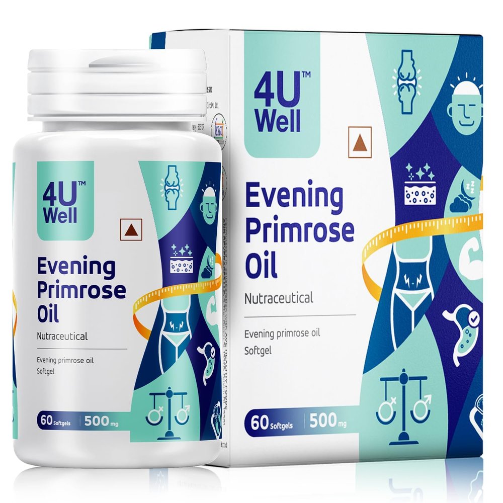 4UWell Evening Primrose Oil capsules 500mg | Rich Softgels for Skin Health, PMS & Hormonal Balance | Women & Men Wellness Support | 60 Softgels