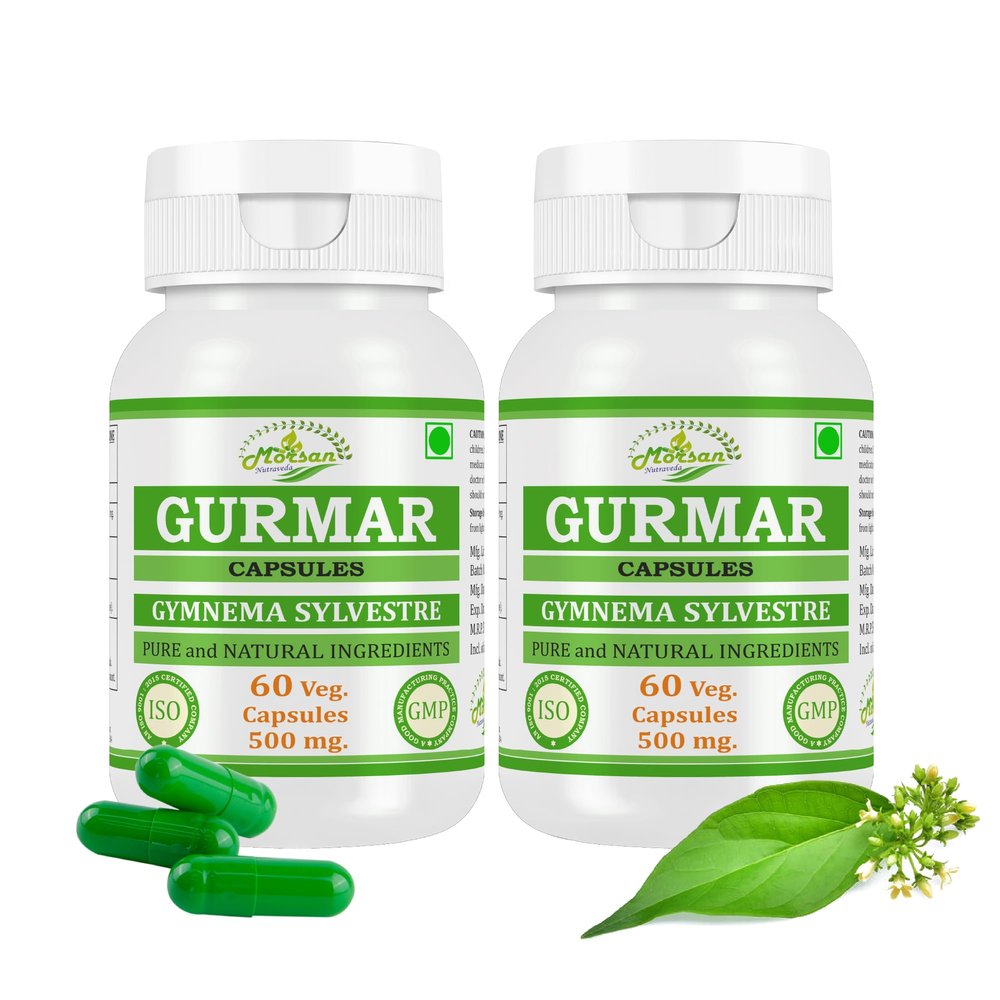 Morsan Nutraveda Gurmar (Gymnema Sylvestre, Gudmar) Extract Capsule - 60 Veg. Capsules x 500 mg. | 100% Herbal & High Potency (2 Packs of 60 Capsules)