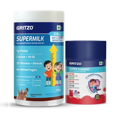 Gritzo SuperMilk Growth+ (Formerly Height+) (2-6y Boy & Girl) (Double Chocolate, 400g) with Super Gummies (Strawberry, 30 Gummies) | Pack of 2