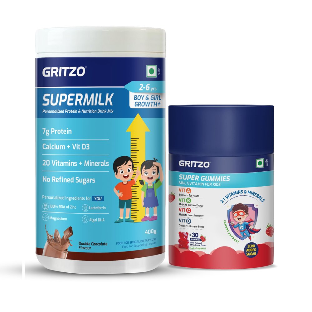Gritzo SuperMilk Growth+ (Formerly Height+) (2-6y Boy & Girl) (Double Chocolate, 400g) with Super Gummies (Strawberry, 30 Gummies) | Pack of 2