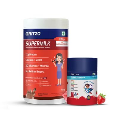 Gritzo SuperMilk Overall Growth (13+y Girls) (Double Chocolate, 400g) with Super Gummies (Strawberry, 30 Gummies) | Pack of 2