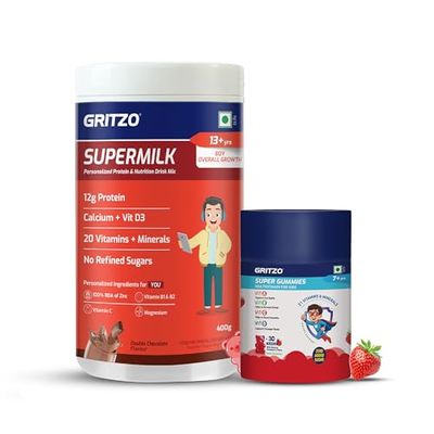Gritzo SuperMilk Overall Growth (13+y Boys) Powder with Super Gummies (Double Chocolate, 400g & Strawberry, 30 Gummies) (Combo Pack)