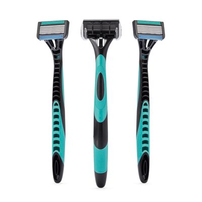 E1 Ninja 6-Blade Razor (Pack of 3) | Precision Shave with Open-Back Design for Easy Cleaning | Aloe Lubricating Strip for Skin Comfort | Ergonomic Handle in Black & Teal