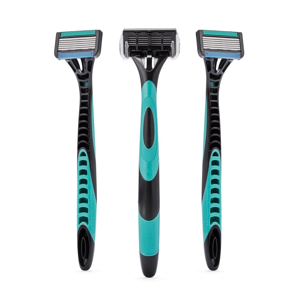 E1 Ninja 6-Blade Razor (Pack of 3) | Precision Shave with Open-Back Design for Easy Cleaning | Aloe Lubricating Strip for Skin Comfort | Ergonomic Handle in Black & Teal