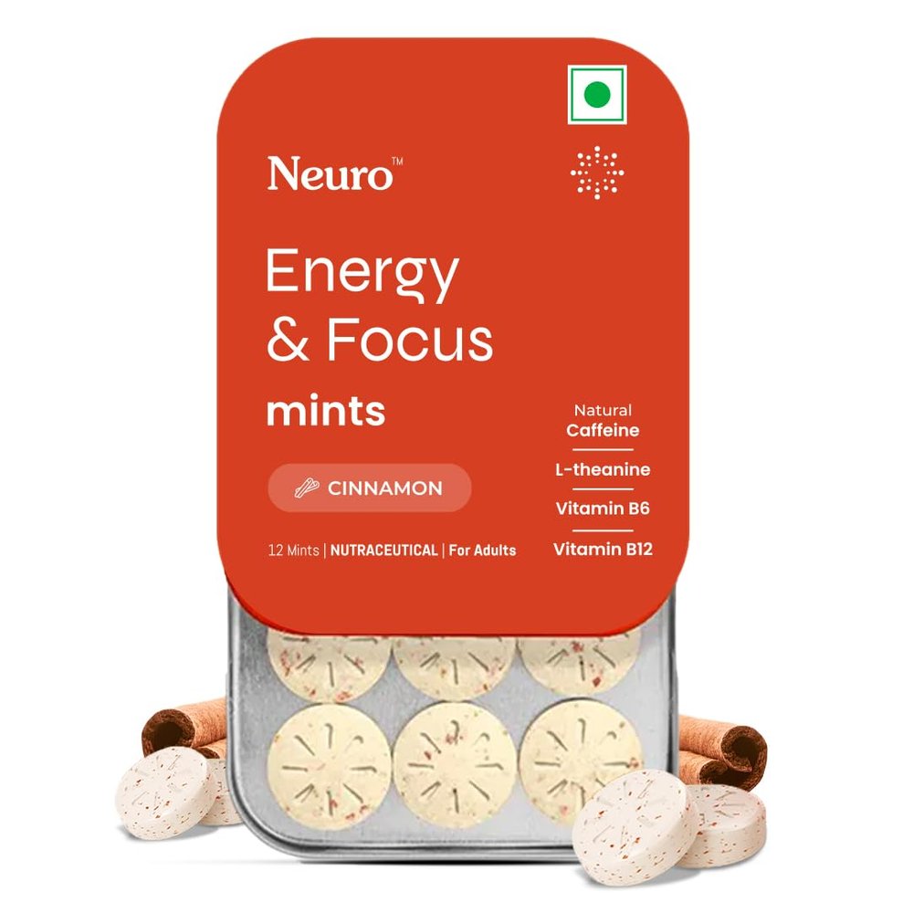 NeuroGum Energy Caffeine Mints - Sugar Free with L-theanine + Natural Caffeine + Vitamin B12 & B6 - Energy & Focus Supplement for Women & Men Cinnamon Flavor | Pack of 5 (60 Mints)
