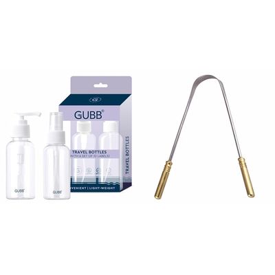 GUBB Travel Bottles Set For Toiletries & Cosmetics Leak Proof with ID Stickers G+ Tongue Cleaner For Adults & Kids