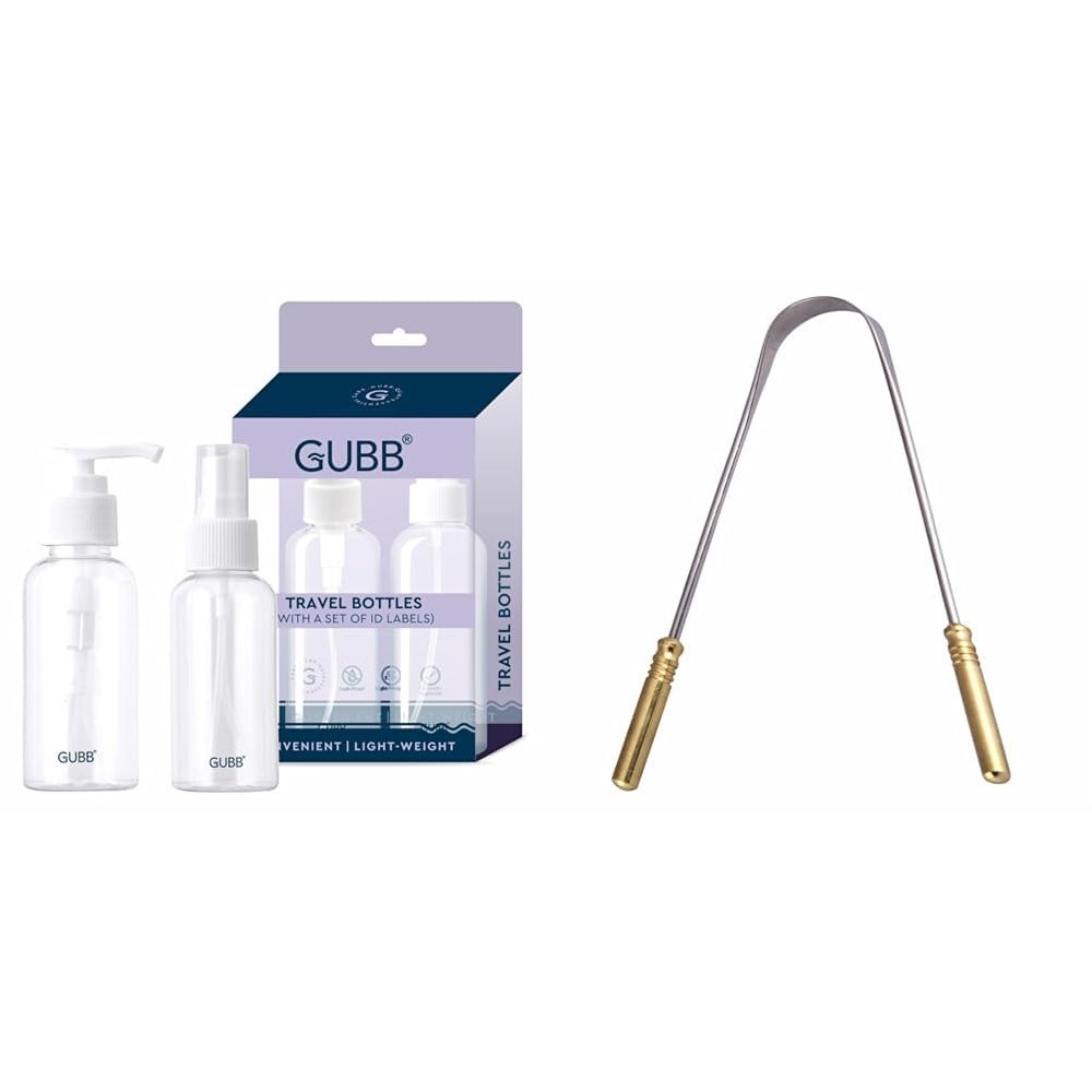 GUBB Travel Bottles Set For Toiletries & Cosmetics Leak Proof with ID Stickers G+ Tongue Cleaner For Adults & Kids